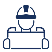 Icon of a construction worker wearing a hard hat and holding a blueprint or plan.