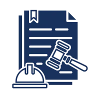 Icon showing a legal document with a gavel and construction helmet representing construction law and regulations.