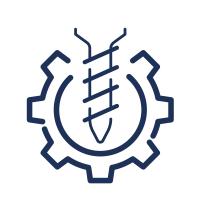 Blue drill bit inside a gear icon symbolizing mechanical engineering and drilling technology.