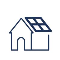 Simple outline icon of a house with solar panels on the roof, representing renewable energy homes.