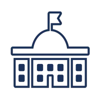 Outline icon of a government building with a dome and a flag on top in navy blue.