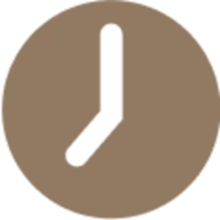 Brown circular clock icon showing time at 4 o'clock with simple black hands.