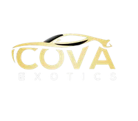 COVA Exotics logo featuring a sleek gold sports car silhouette over bold gold and white text on black background.