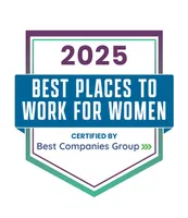 2025 Best Places to Work for Women certification badge by Best Companies Group in blue, purple, and green colors