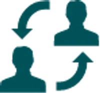 Two silhouettes connected by curved arrows symbolizing communication or connection between people.