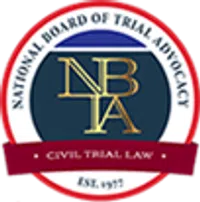 Logo of National Board of Trial Advocacy featuring acronym NBTA and civil trial law banner