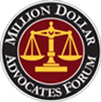 Circular logo with golden scales of justice and text Million Dollar Advocates Forum on black and red background