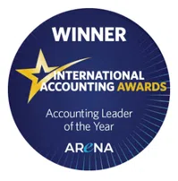 International Accounting Awards winner badge for Accounting Leader of the Year by Arena on blue background