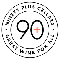Ninety Plus Cellars logo featuring a black circular design with '90+' in the center and slogan around the edge.