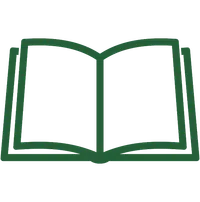 Minimalist green outline of an open book with visible pages on transparent background.