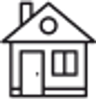 Simple black house icon with a door, window, chimney, and circular window on the roof.