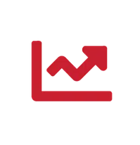 Red upward trending graph icon with arrow on black background representing growth or progress