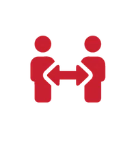 Red icon of two people with a double-headed arrow between them indicating social distancing