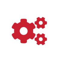 Three red interlocking gears symbolizing mechanical system and settings on a black background
