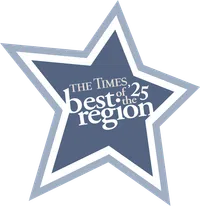 Blue star badge reading The Times best of the 25 region award text on white background