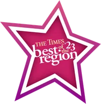 a pink and white logo