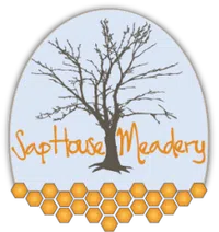 Logo of SapHouse Meadery featuring a leafless tree with orange text and honeycomb pattern at bottom