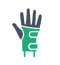 Illustration of a hand wearing a green and gray protective glove with cutout designs on a black background