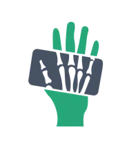 Green hand holding a smartphone with an X-ray image of fingers displayed on the screen.