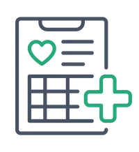 Medical clipboard with a heart icon and a green medical cross symbolizing health and patient care.