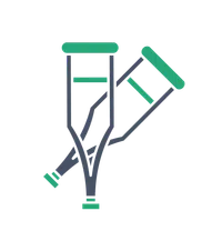 Graphic illustration of a pair of crutches with green handles and supports on a white background.
