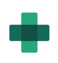 Green medical cross symbol with rounded edges on a black background representing healthcare.