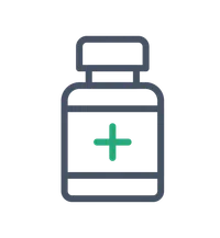 Medical pill bottle icon with a green cross symbol on a dark background