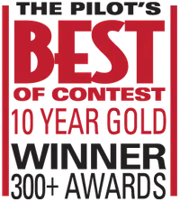 The Pilot's Best of Contest 10 Year Gold Winner with over 300 awards text design in red and black.