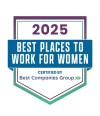 2025 Best Places to Work for Women certification badge by Best Companies Group in blue, purple, and green colors