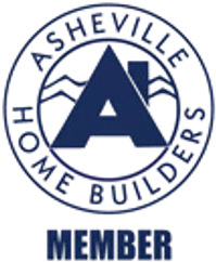 Asheville Home Builders member logo featuring a bold capital A with mountain and roof design in blue.