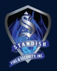 Metallic shield logo with a silver 'S', blue flames background, and banners reading Standish Fire & Security, Inc.