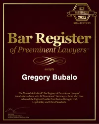 Bar Register of Preeminent Lawyers 2023 certificate awarded to Gregory Bubalo for highest peer review ratings.