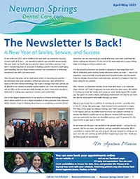 Newman Springs DentalCare newsletter announcing newsletter return with team photos and dental care tips.