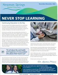 Newman Springs Dental Care flyer promoting continuous dental education and patient happiness with doctor and nurse images.