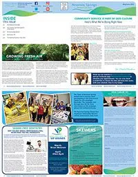 Informative health newsletter page with articles, images of people, nutrition tips, and medical advice sections.