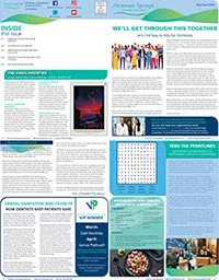 Community newsletter featuring health tips, event highlights, word search puzzle, and diverse group illustration.