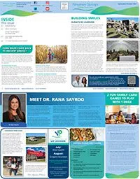 Community newsletter featuring local health tips, events, and a profile of Dr. Rama Sayyro with images.