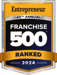 Entrepreneur 45th Annual Franchise 500 Ranked 2024 award badge with gold and black design