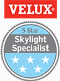 Velux 5 Star Skylight Specialist badge with five stars and red Velux logo above it
