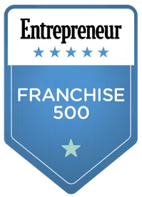 Entrepreneur Franchise 500 award badge with five blue stars and one larger star on a blue shield background.