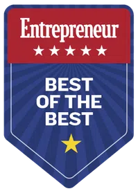Entrepreneur magazine badge with five white stars and wording Best of the Best on blue and red background
