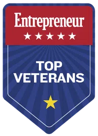 Entrepreneur Top Veterans badge with red, blue, and white colors and gold star on blue background.