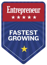 Entrepreneur fastest growing award badge with red, blue, and white colors featuring stars and bold text.