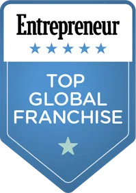 Entrepreneur magazine badge for Top Global Franchise with five stars on blue shield background