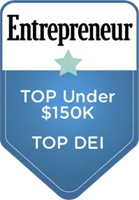 Entrepreneur badge for Top Under $150K and Top DEI with blue background and star graphic.