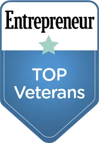 Entrepreneur magazine badge for Top Veterans award with blue background and a star icon