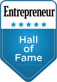 Entrepreneur Hall of Fame blue badge with five stars and white text on a shield background.