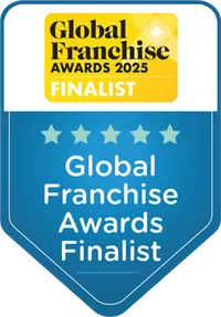 Global Franchise Awards 2025 Finalist badge with five stars in blue and yellow colors