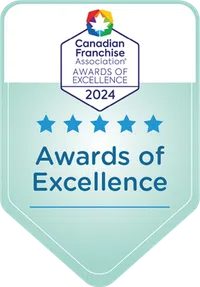 Canadian Franchise Association 2024 Awards of Excellence badge with five blue stars on a teal background.