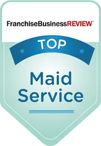 Franchise Business Review badge for top maid service with blue and green design elements.